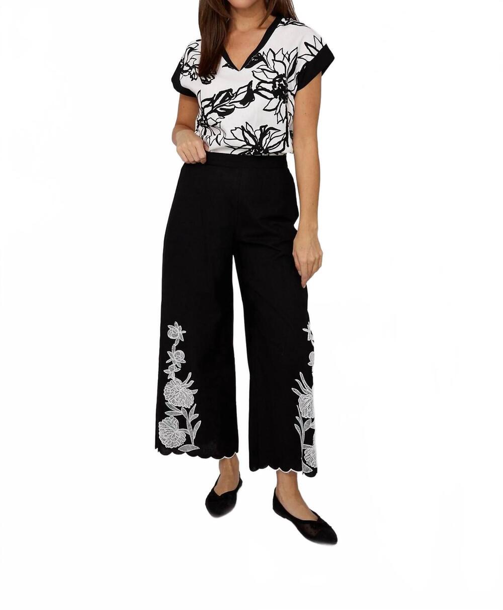 NEW FRANK LYMAN floral embroidered wide-leg trousers in black/white